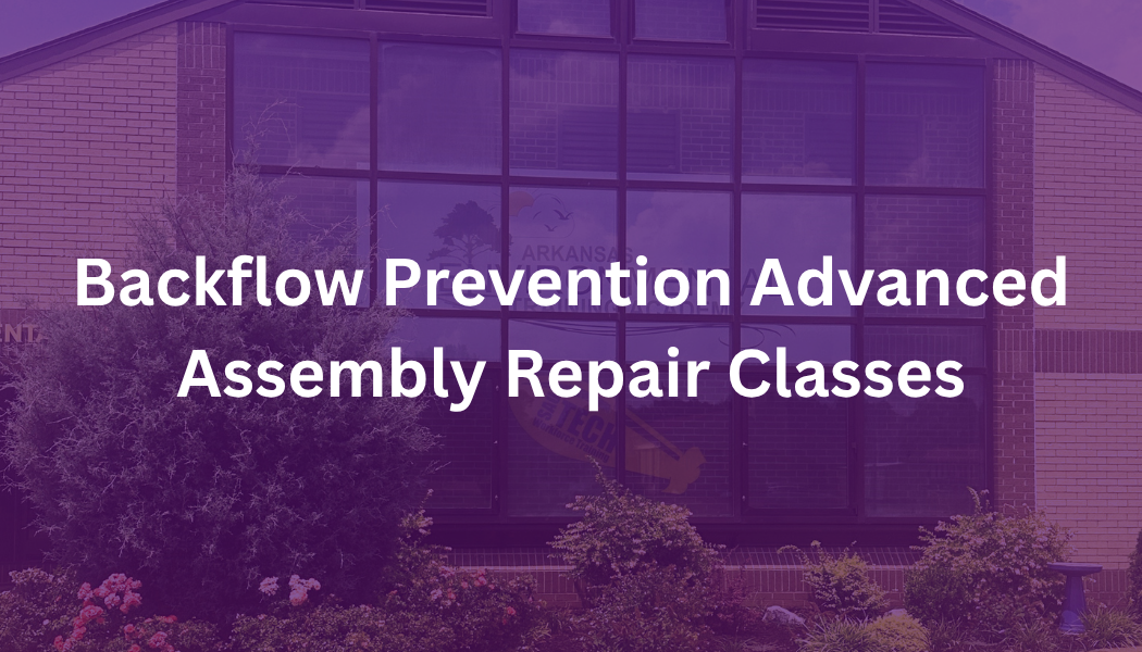Purple-tinted sign reading “Backflow Prevention Assembly Repair” over a house exterior