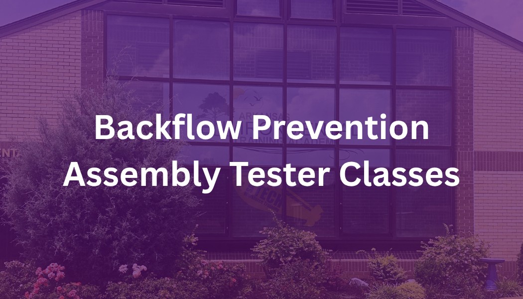 Purple-tinted building with text “Backflow Assembly Tester Certification”