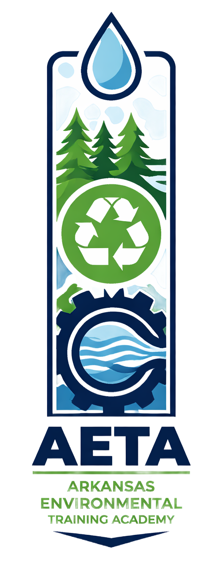 AETA logo with a water drop, trees, recycling symbol, gear, and text: Arkansas Environmental Training Academy.