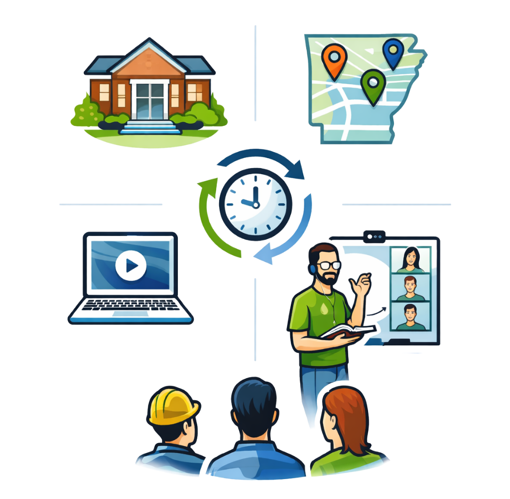 Home, maps, laptop, and video call icons around a clock, suggesting scheduled remote learning or virtual planning
