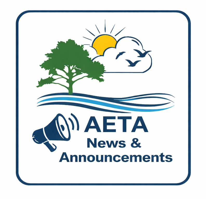 AETA News & Announcements logo with tree, sun, clouds, birds, and megaphone in blue and green