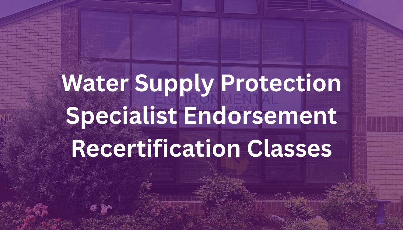 Purple-tinted building facade with text reading “Water Supply Protection Specialist”