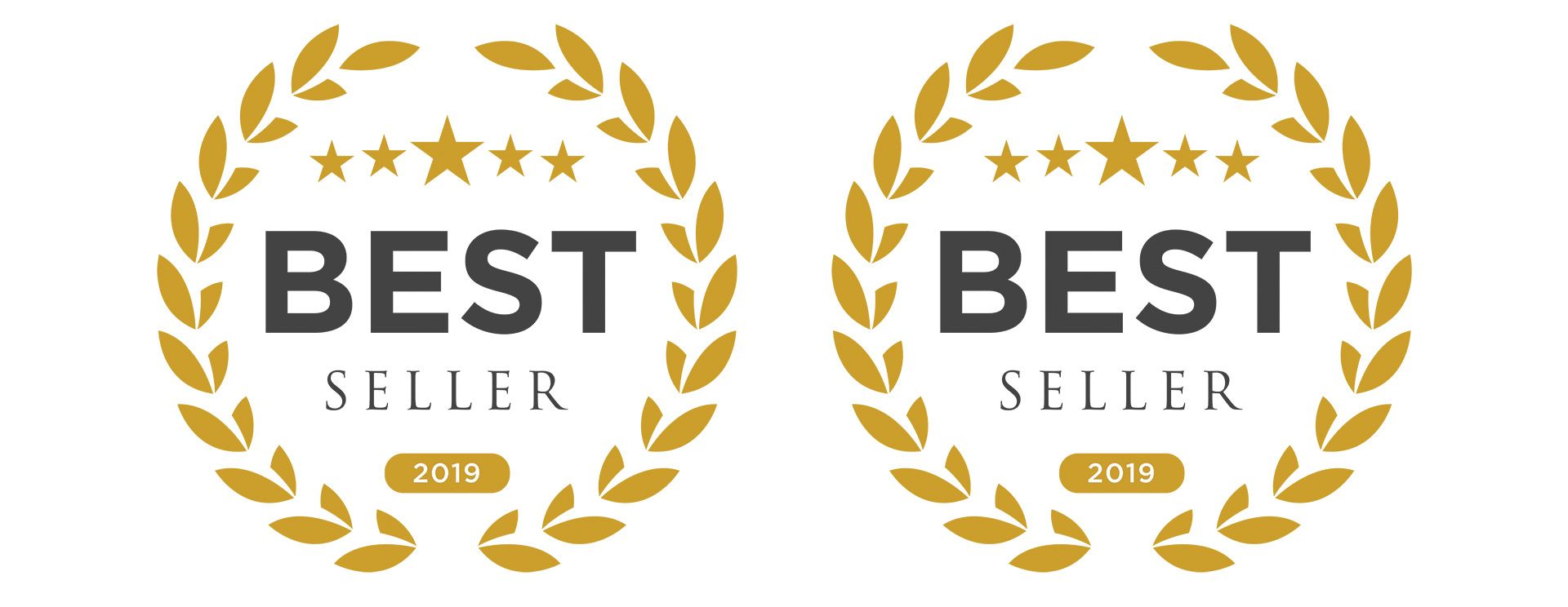 Two gold laurel wreath “Best Seller 2018” badges on white background
