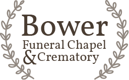 Bower Funeral Chapel & Crematory logo with brown serif text and gray laurel wreath design