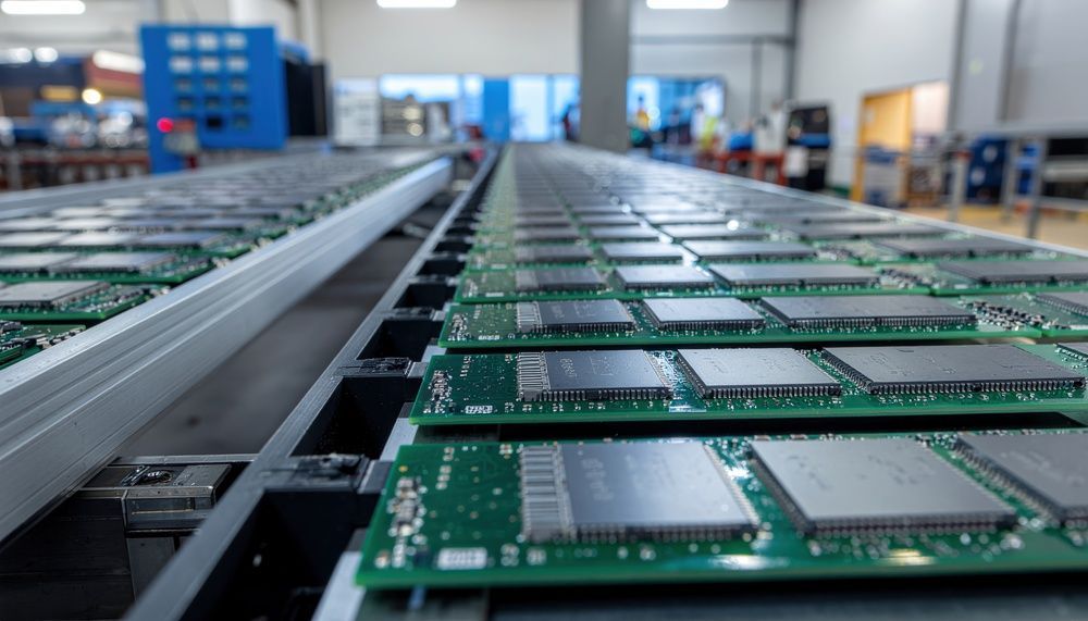 Circuit boards on an assembly line in a factory, with rows of green PCBs on a conveyor belt.