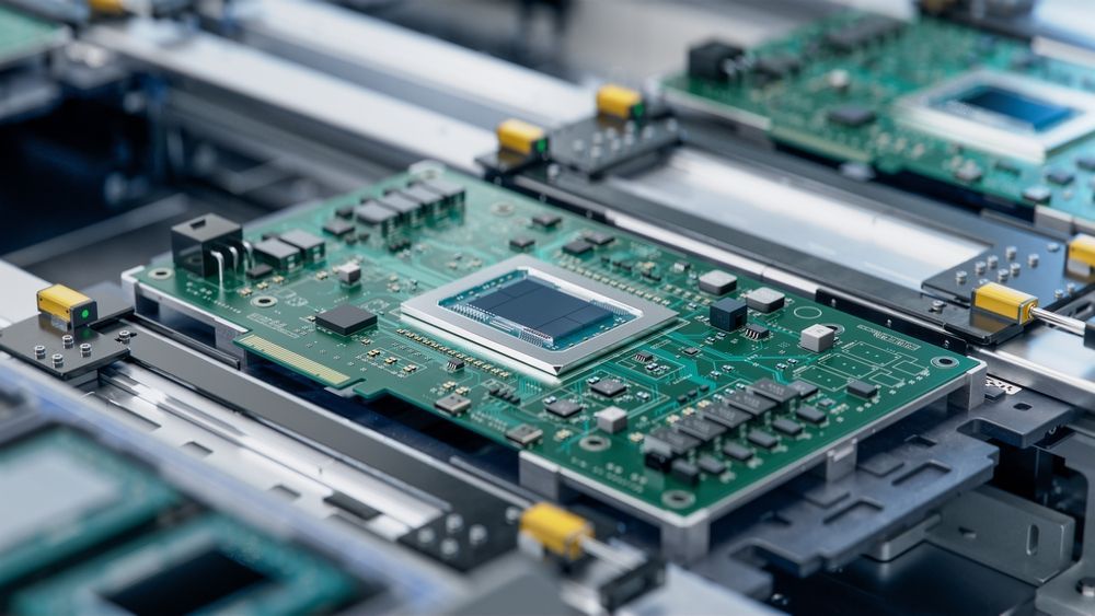 Green circuit board on an automated assembly line, surrounded by machine rails and components.