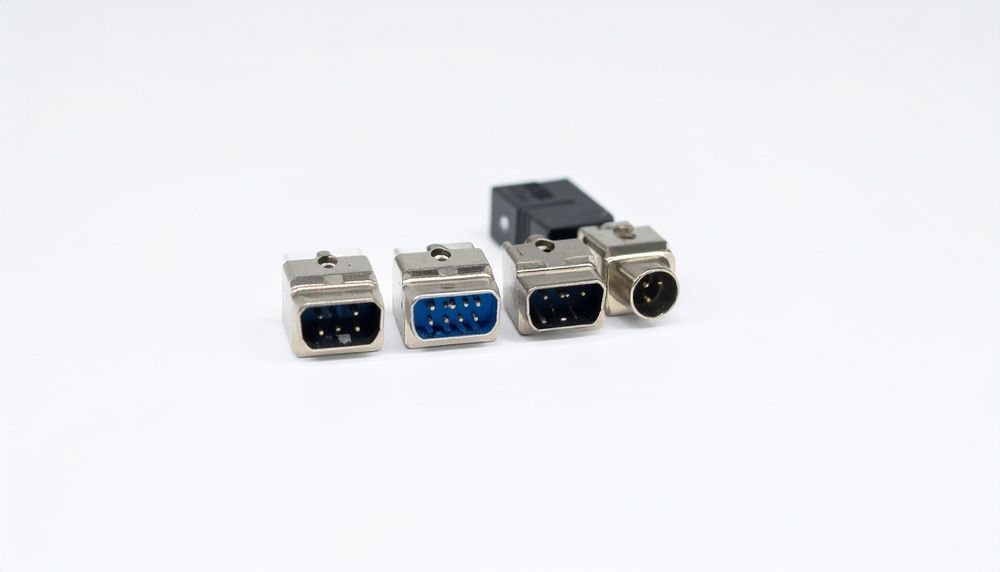 Four serial port adapters with metal and blue connectors on a white background