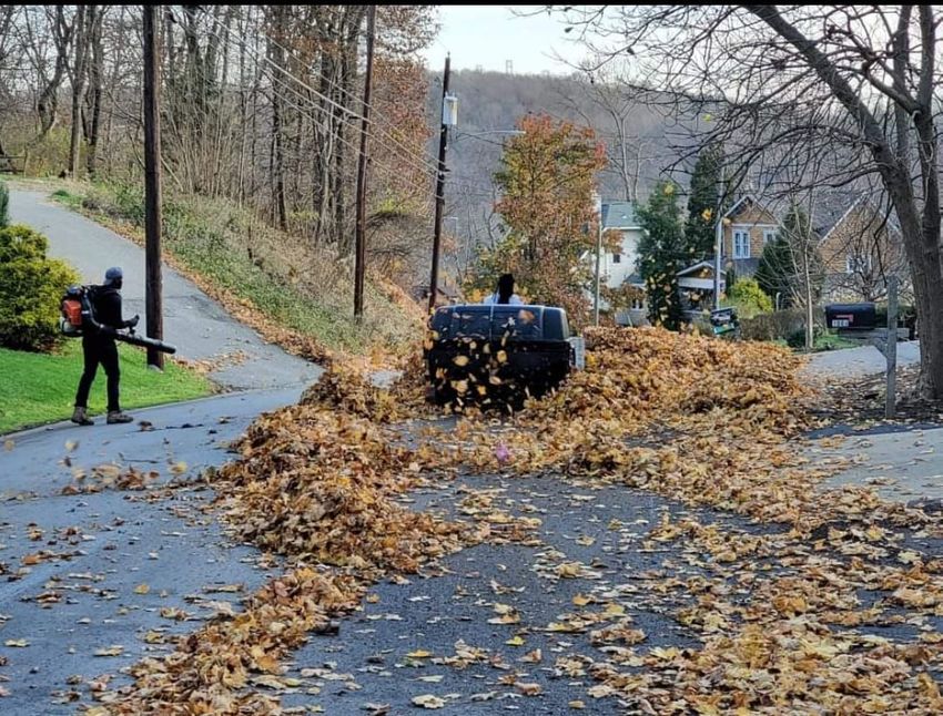 Worker blowing autumn leaves on a suburban street as a leaf collector collects a large pile