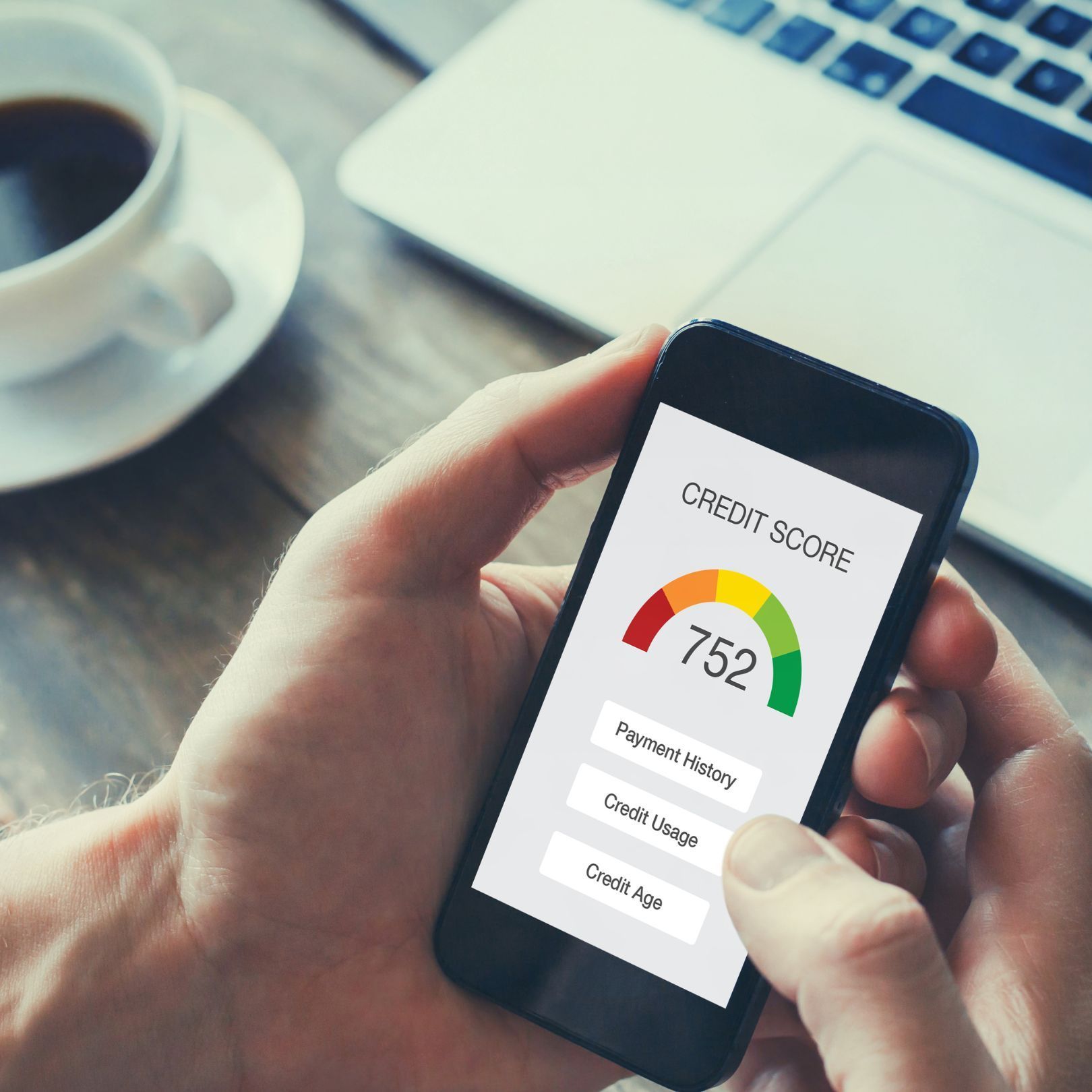 Hand holding a smartphone displaying a credit score of 752.  A cup of coffee and laptop are in the background.