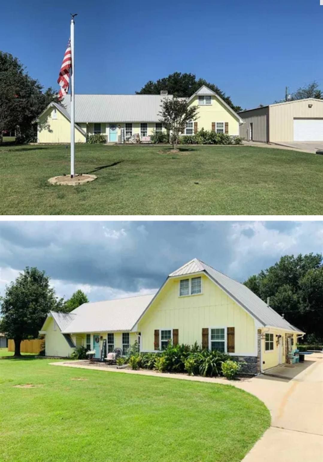 Yellow house with white roof, green lawn, American flag. Two views, one sunny, one cloudy.