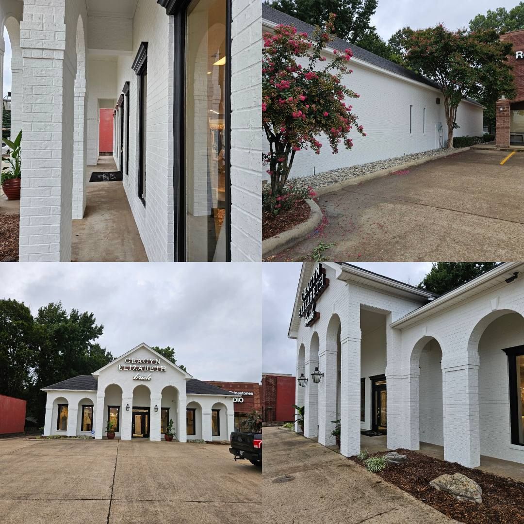 Four views of a white building with arches, black window frames, and brown wood mulch.
