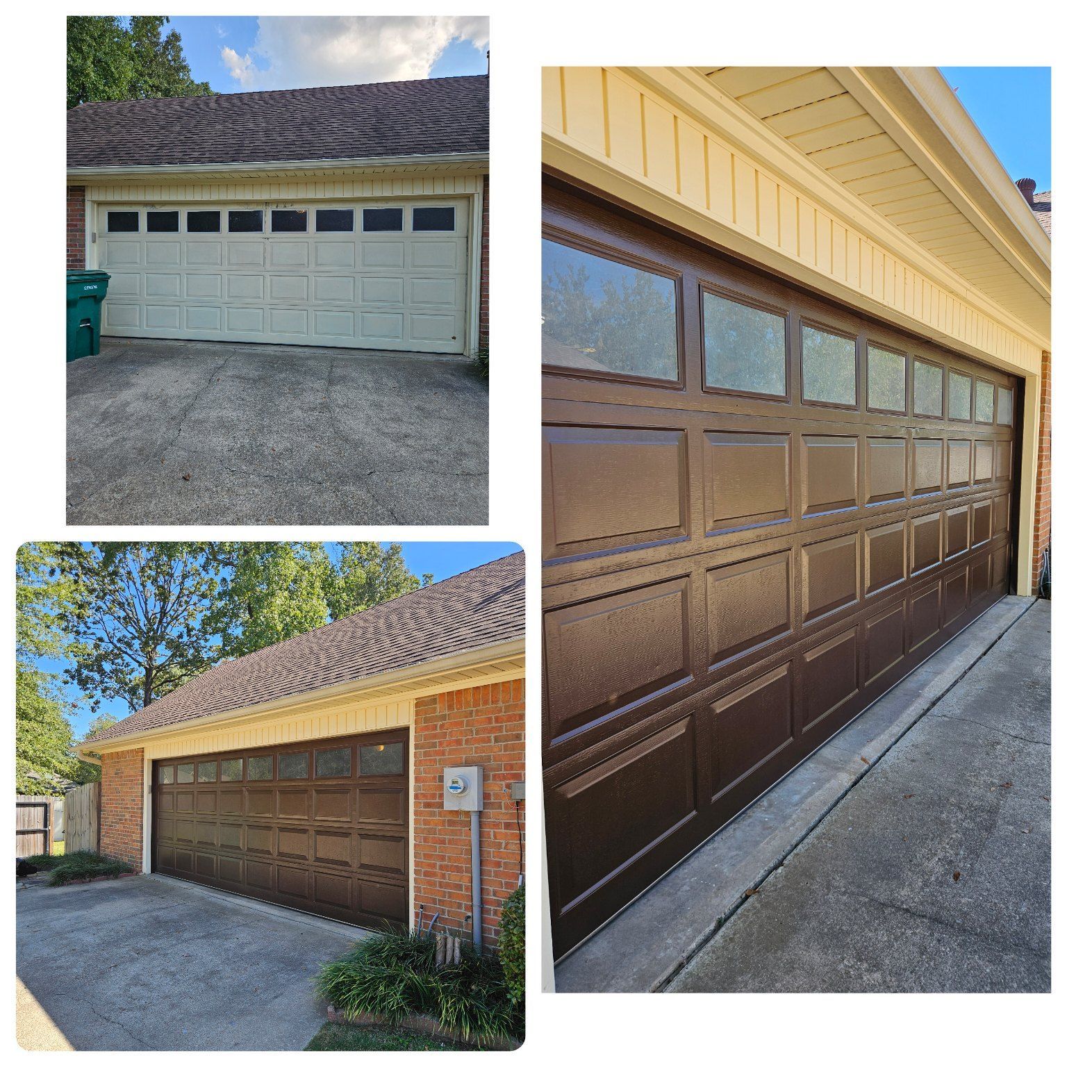 Three views of a brown garage door with glass panels; before and after photos.