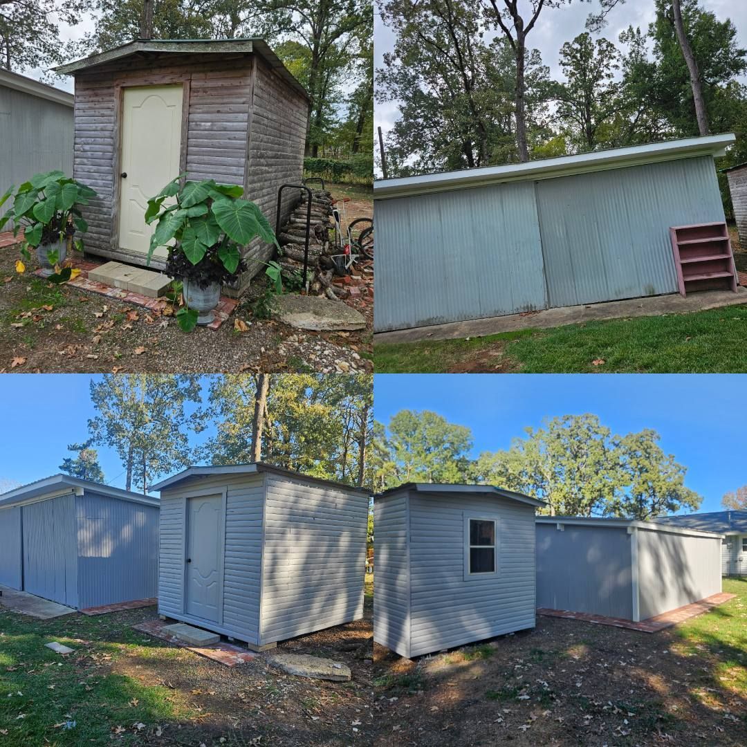 Four images show sheds, one weathered wood, others painted gray, in a grassy setting.