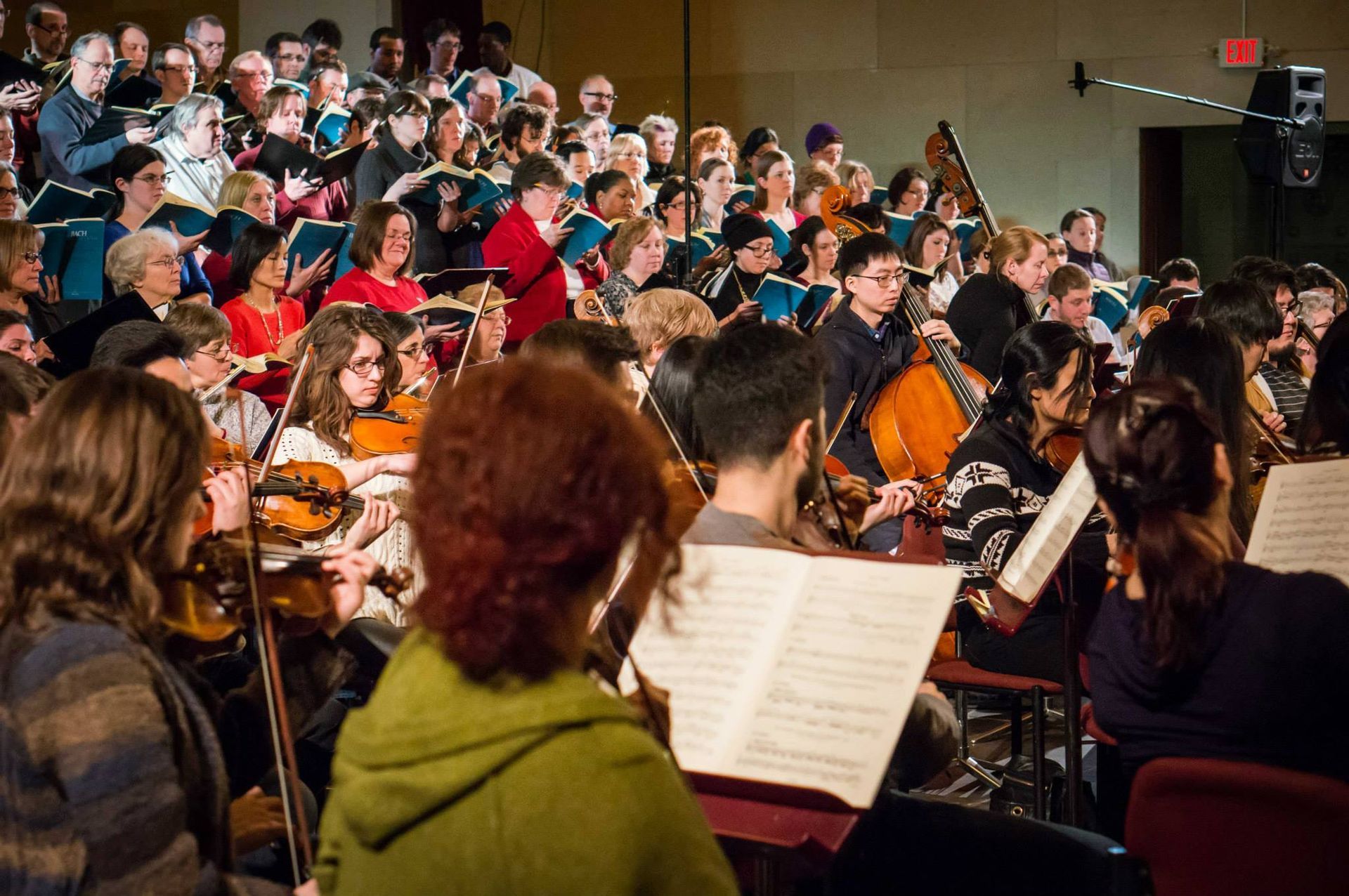A large group of people are sitting in front of an orchestra playing instruments.