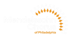 Logo for the Mendelssohn Chorus of Philadelphia, with a stylized golden sun shape and text.