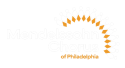Logo for the Mendelssohn Chorus of Philadelphia, with a stylized golden sun shape and text.