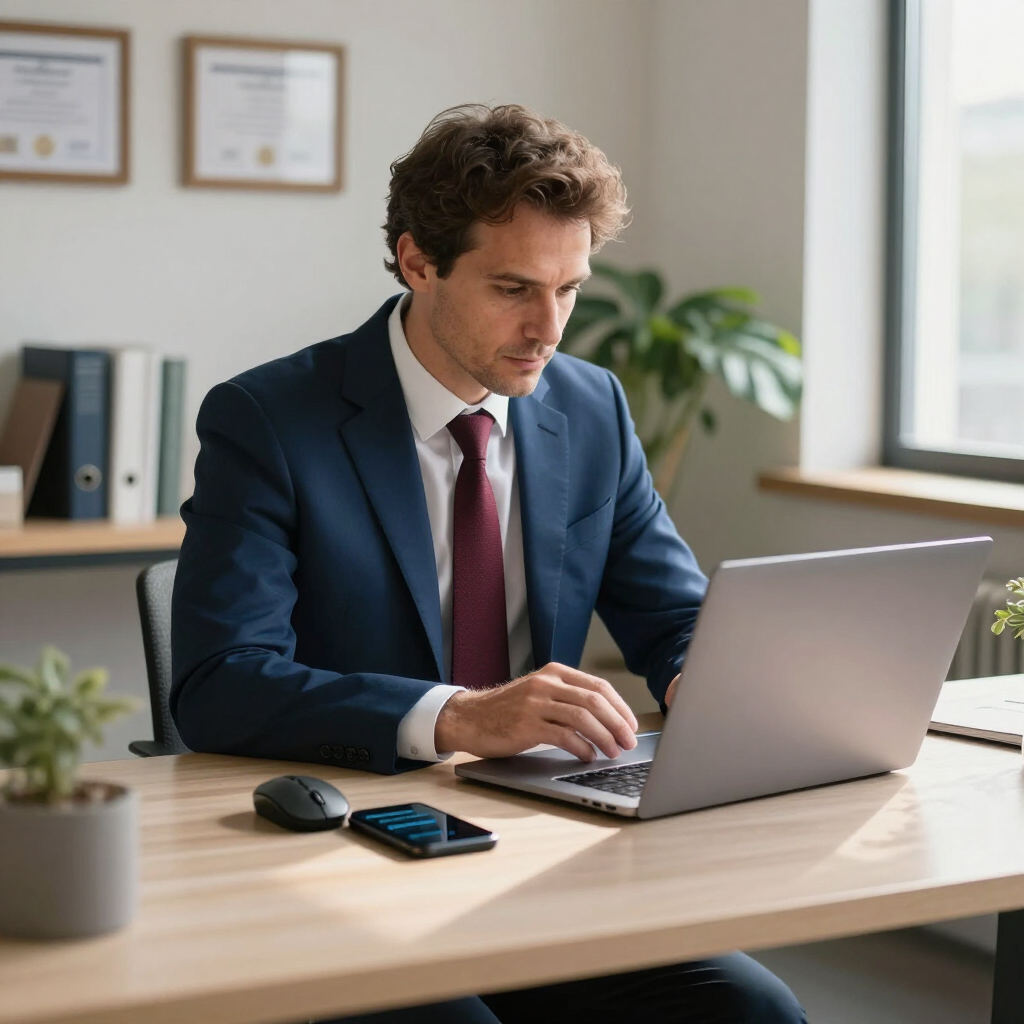 Man in a navy suit working on a laptop at a desk in a bright office