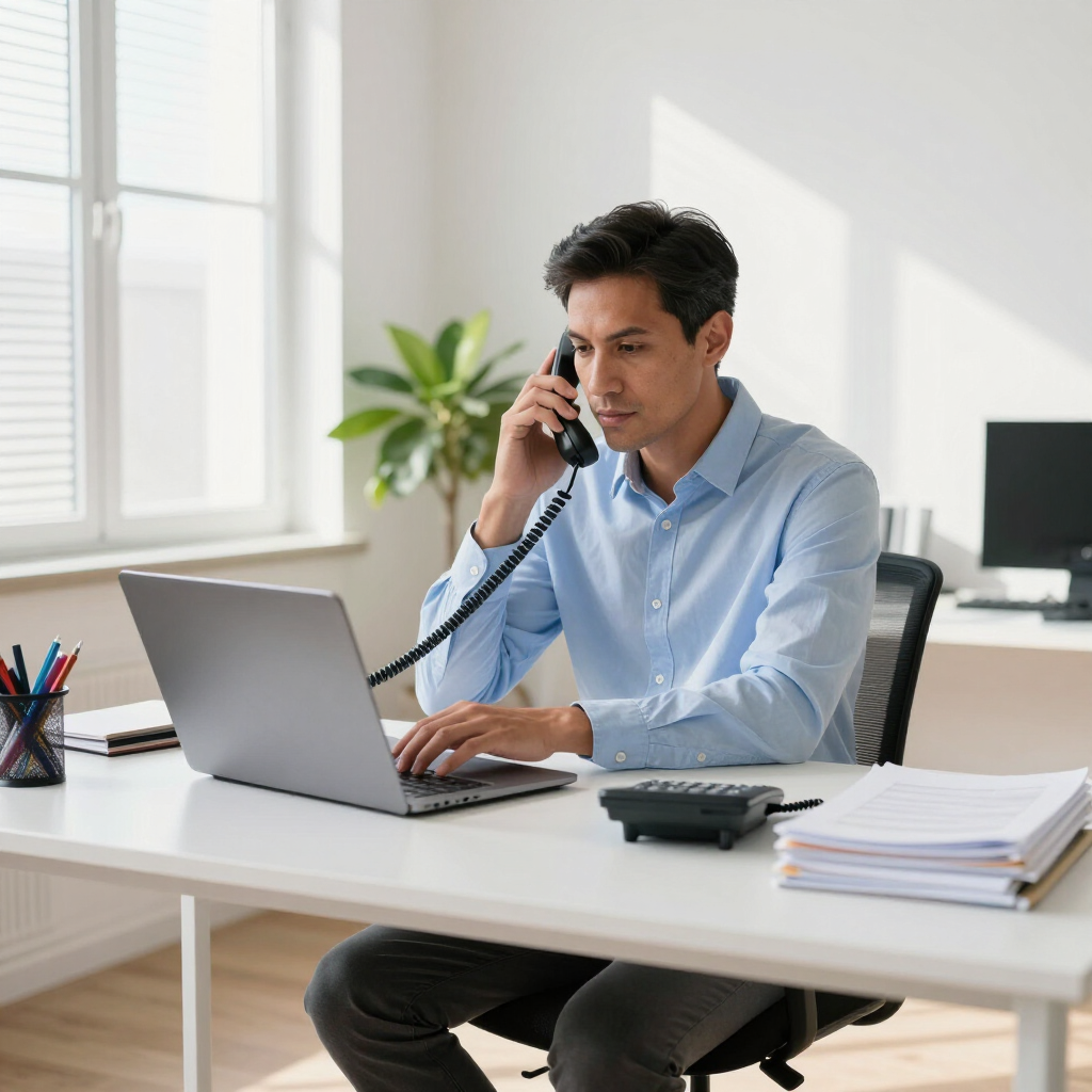 Man on phone at a desk with laptop in a bright office