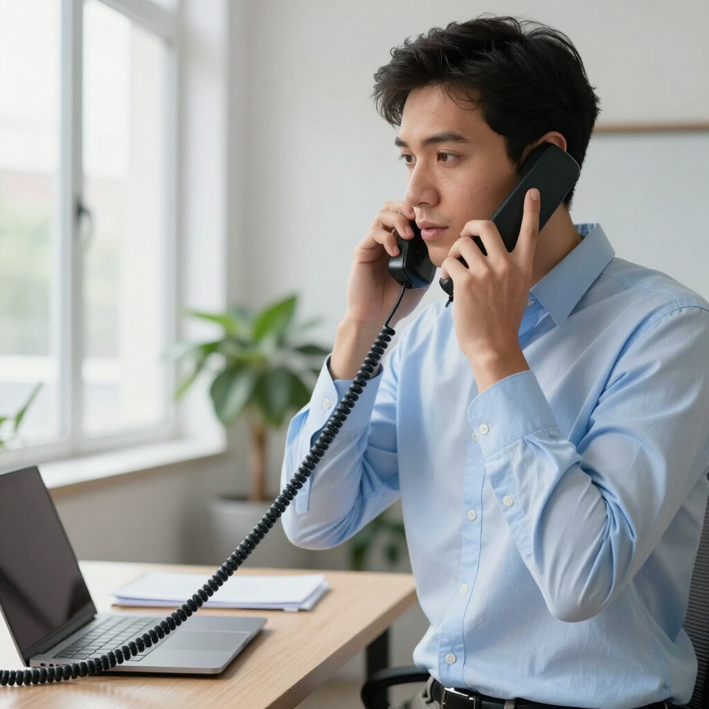 Man in a blue shirt on a phone call at a desk with a laptop, beside a bright window