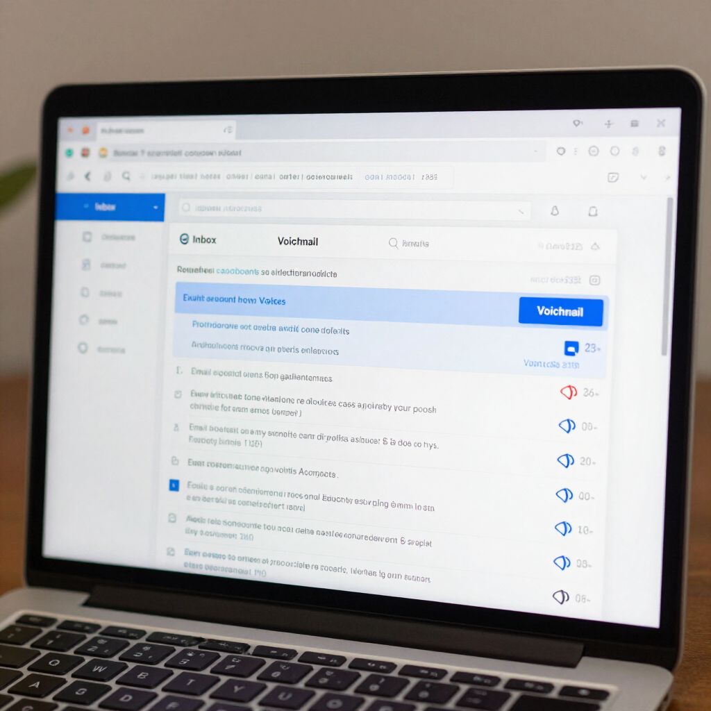Open laptop showing a webmail inbox with a blue-highlighted email and sidebar folders