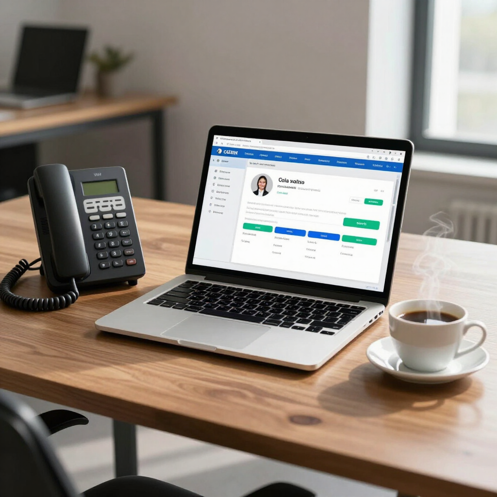 Laptop on a desk with a desk phone and coffee cup in a home office