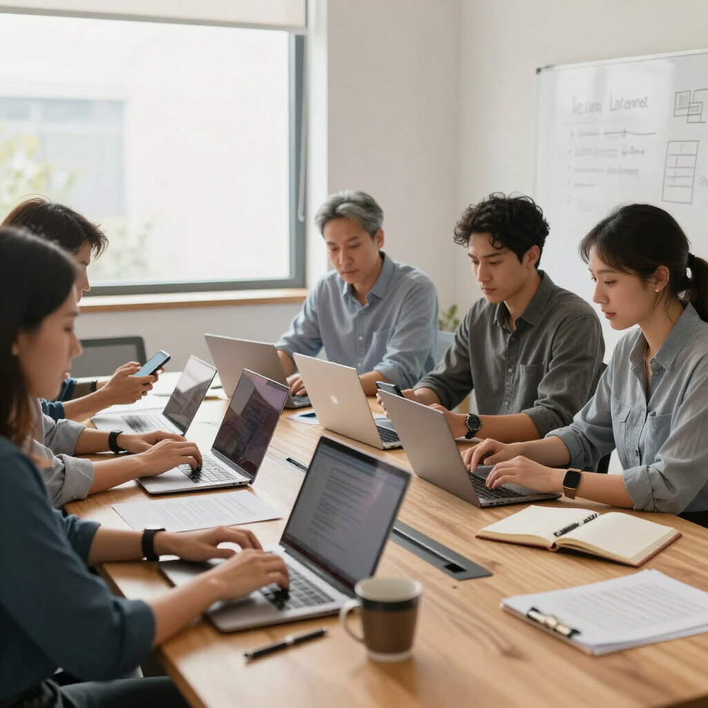 People collaborating around laptops at a conference table in a bright office meeting room