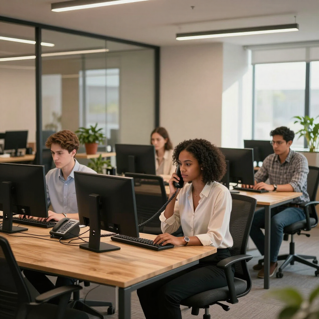 People working at desktop computers in a bright modern office or computer lab