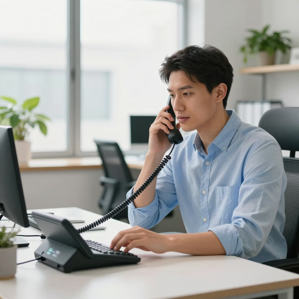 Man in a light blue shirt talking on a desk phone in a bright office, typing on a laptop