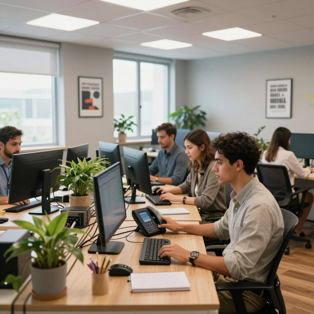 People working at desks in a bright open office with computers, plants, and notebooks