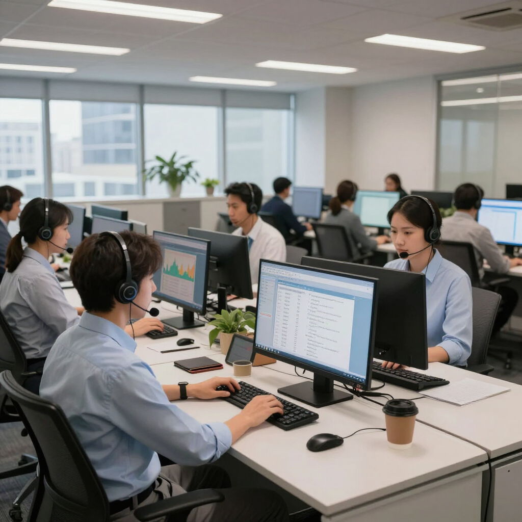 Office staff wearing headsets work at computers in a bright open-plan office.
