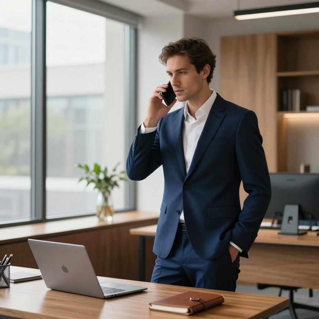 Man in a navy suit talking on a phone in a modern office beside a laptop and desk accessories