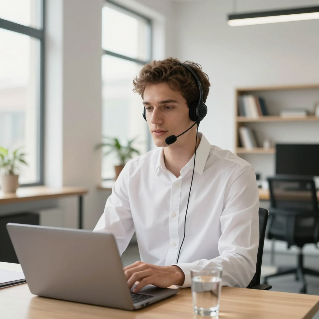 Man wearing a headset working on a laptop at a desk in a bright office