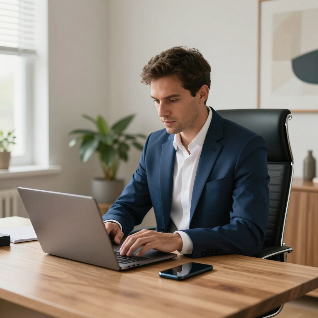 Man in blue blazer typing on a laptop at a wooden desk in a bright office
