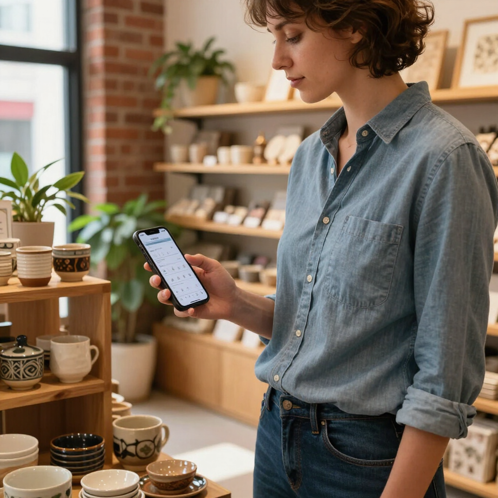 Person in a blue shirt browsing a phone in a cozy shop with shelves of mugs and plants