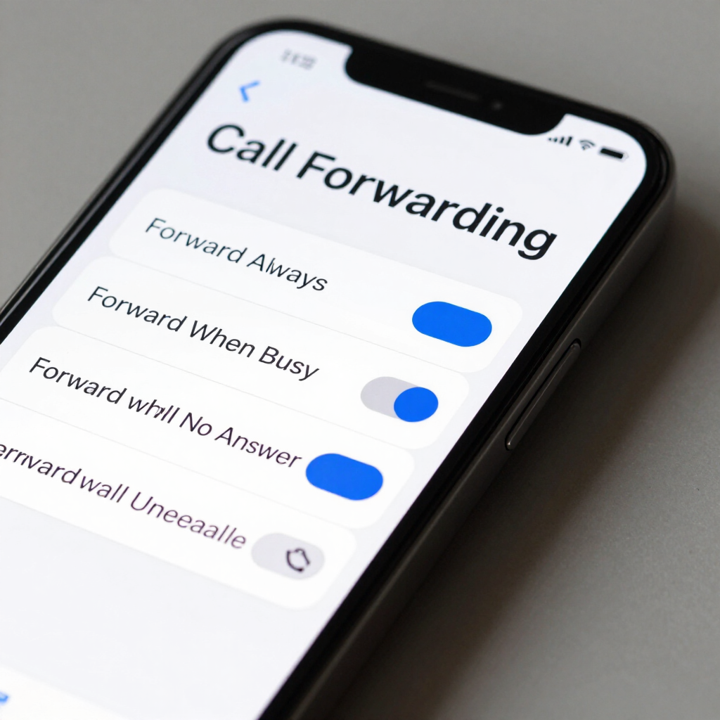 IPhone screen showing Call Forwarding settings with blue toggles enabled