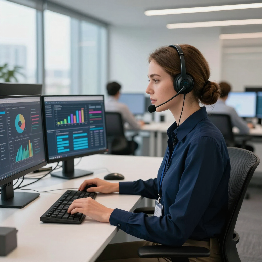 Call center agent wearing headset at dual monitors in a modern office, viewing data dashboards