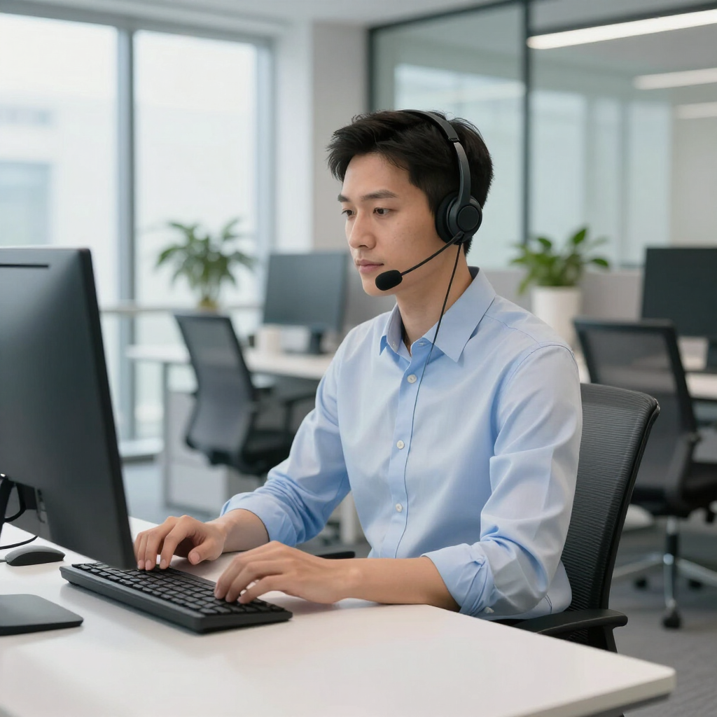 Person wearing a headset working at a computer in a bright office workspace