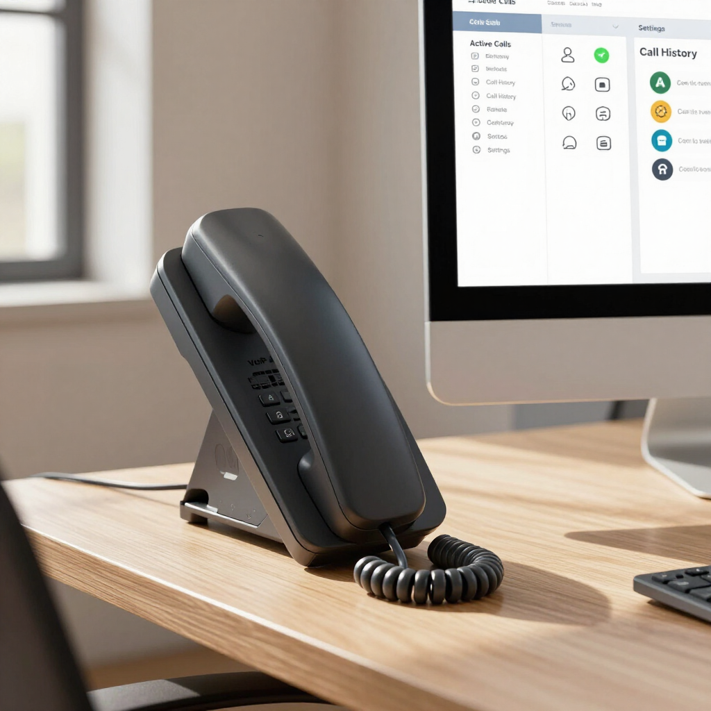 Black office desk phone on a wooden desk beside a desktop monitor.
