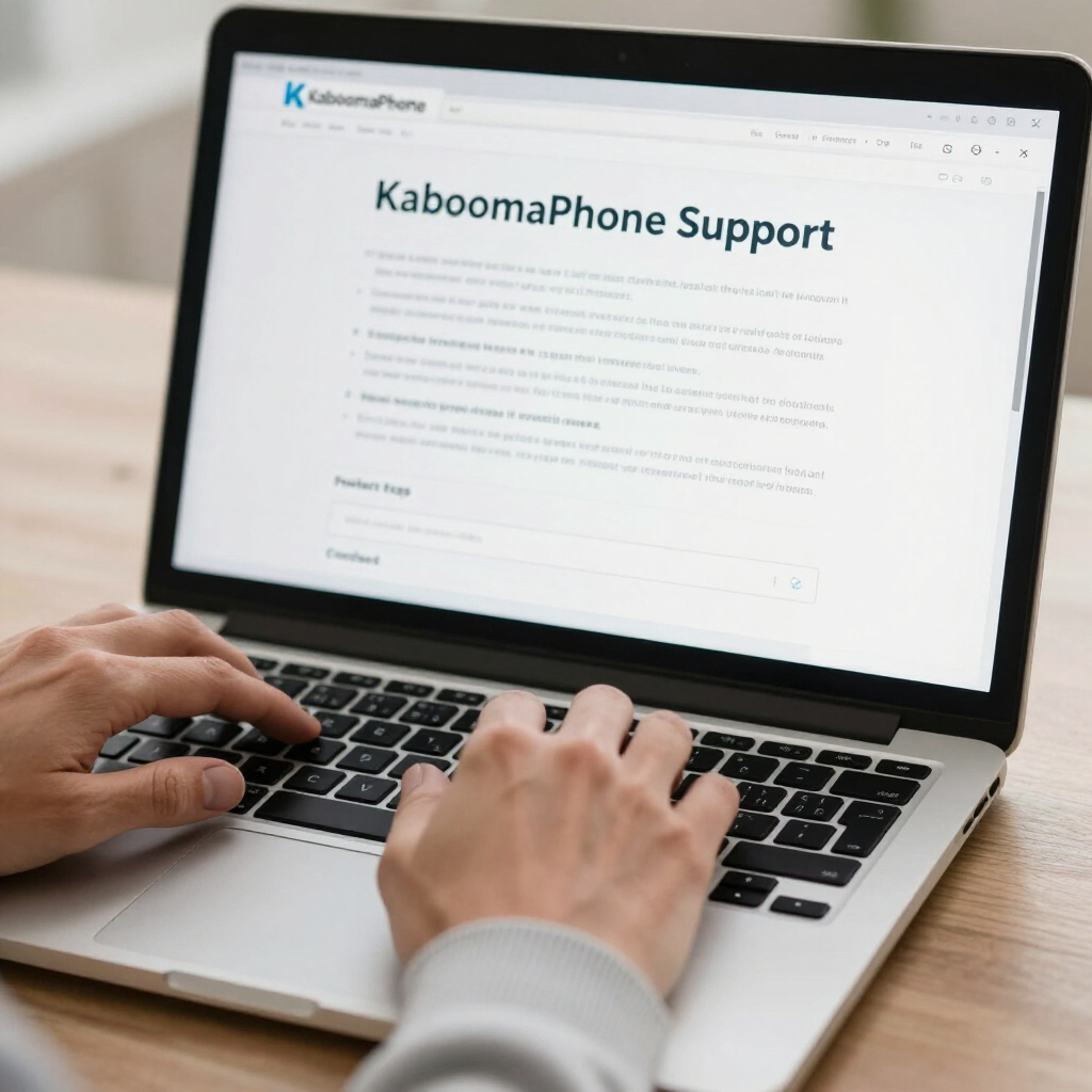 Hands typing on a laptop displaying the KaboomaPhone Support webpage.