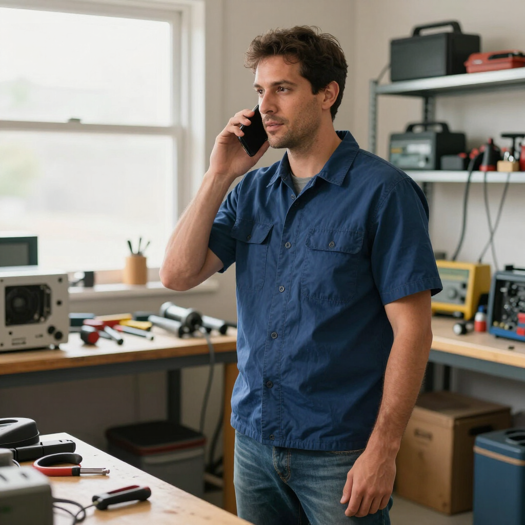 Man in blue shirt talking on a phone in a workshop with tools and electronics on the benches