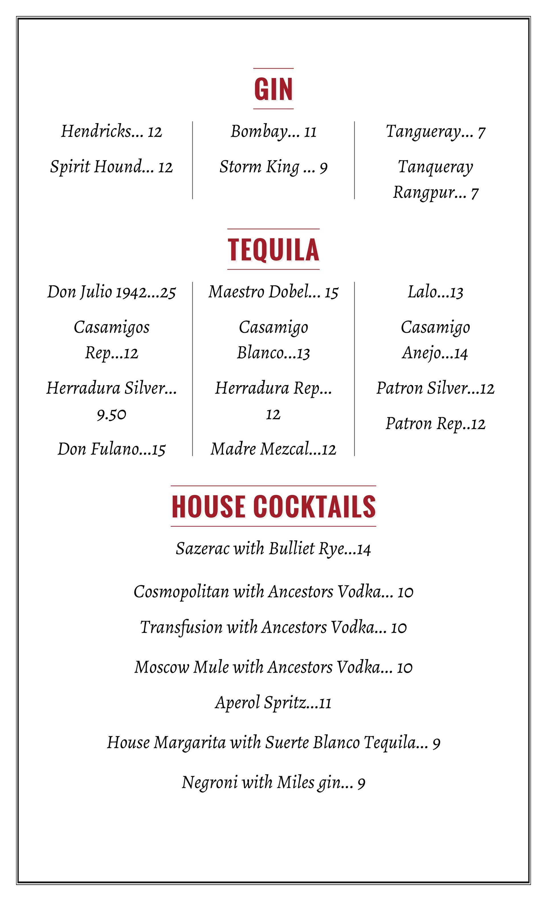 Menu listing Gin, Tequila, and House Cocktails with prices.