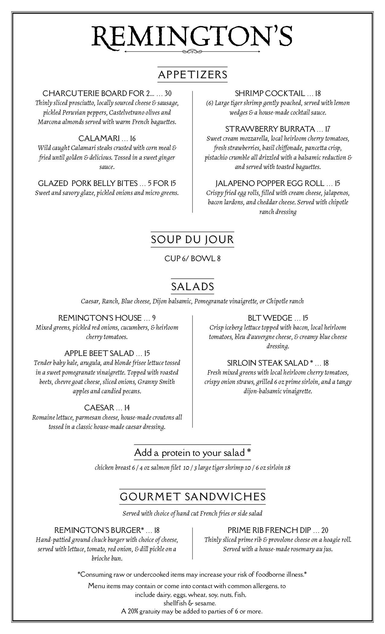 A menu for Remington's restaurant, listing appetizers, soups, salads, and gourmet sandwiches.