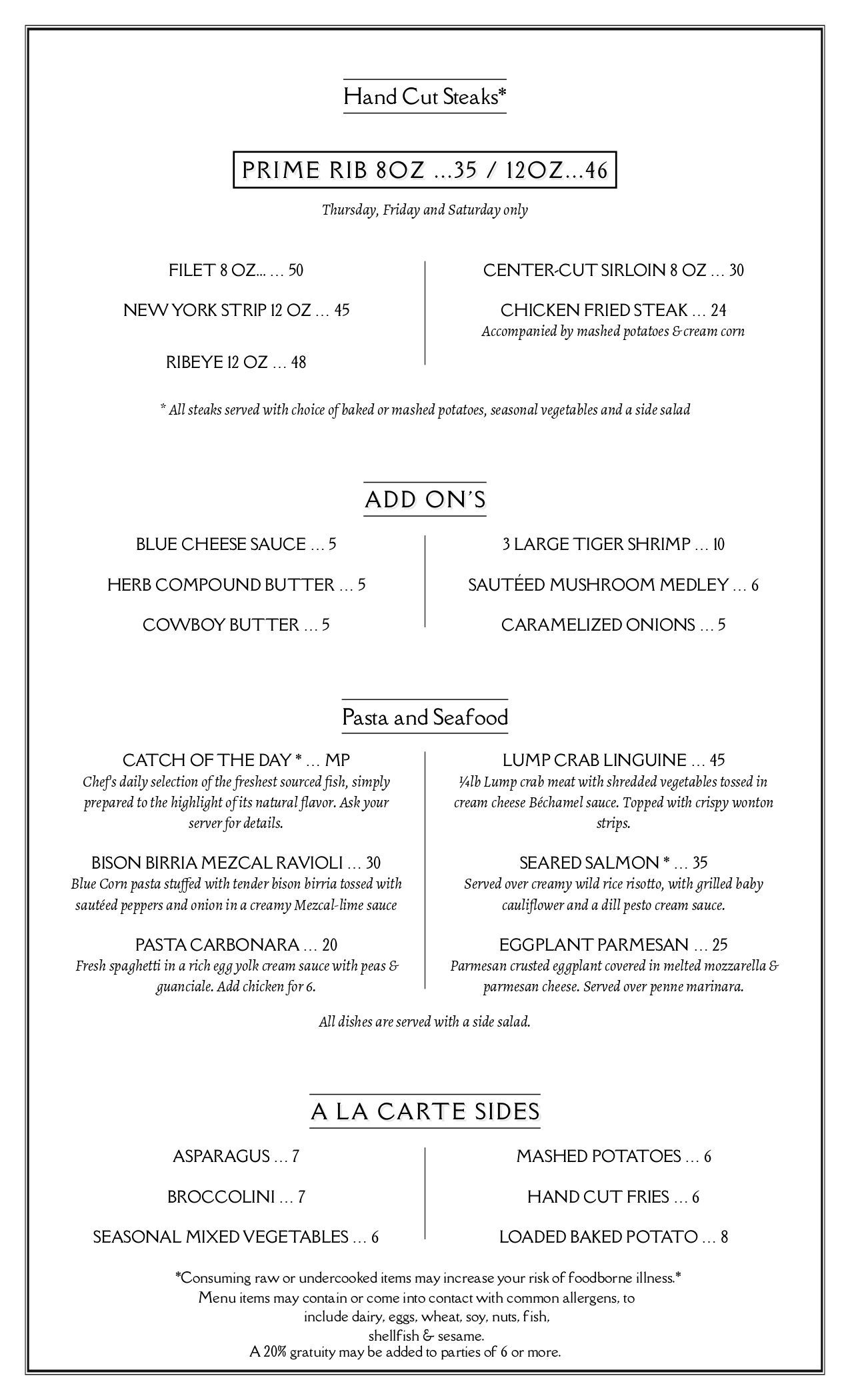 A menu for The Grand Hotel featuring sections for appetizers, entrees, pasta, seafood, and a la carte sides.