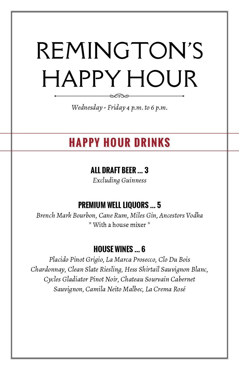 Remington's Happy Hour menu. Includes drink and snack options with prices listed.