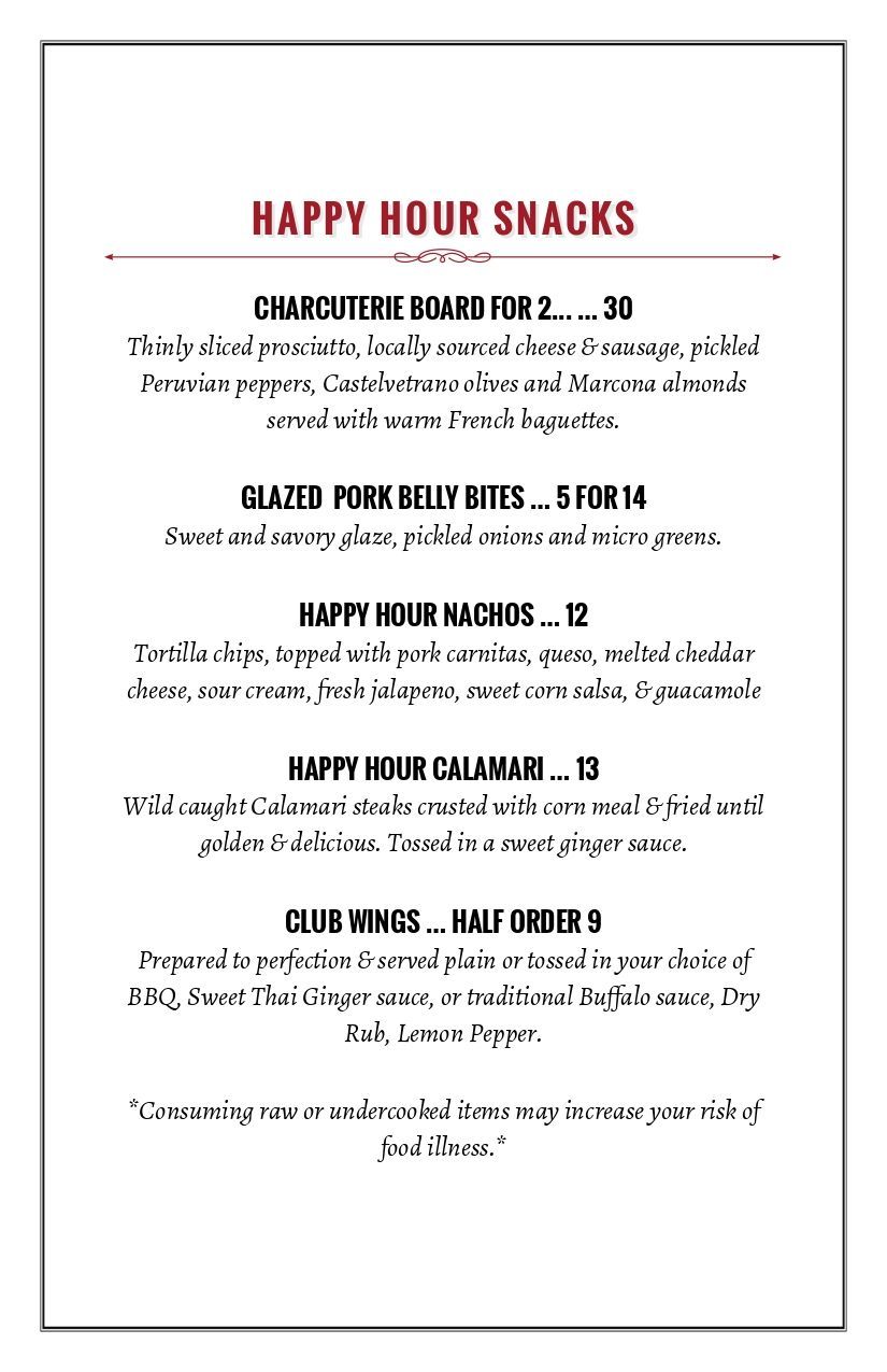 Remington's Happy Hour menu. Includes drink and snack options with prices listed.