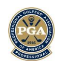 PGA logo: A gold and blue circular emblem featuring golf clubs and text