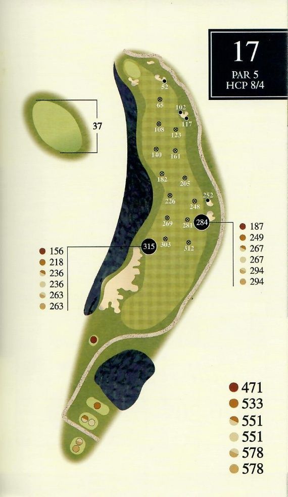 Golf hole map showing a par 5, with distances in yards and a green.