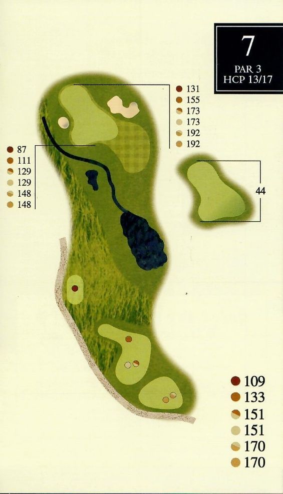 Golf course hole map; hole 7 with a long, narrow fairway, green, and water hazard. Yardage markers shown.