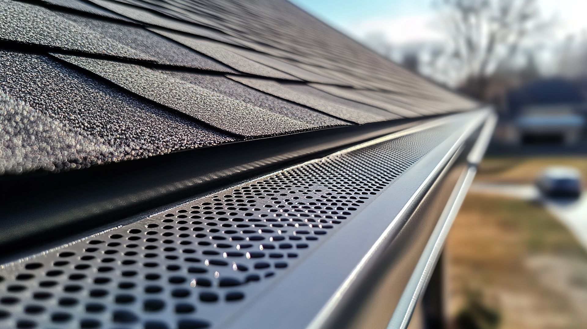 Gutter with black mesh screen installed under gray roof shingles.