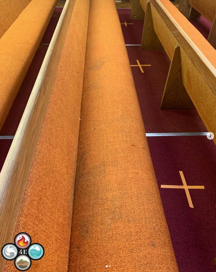 A church pew before upholstery cleaning